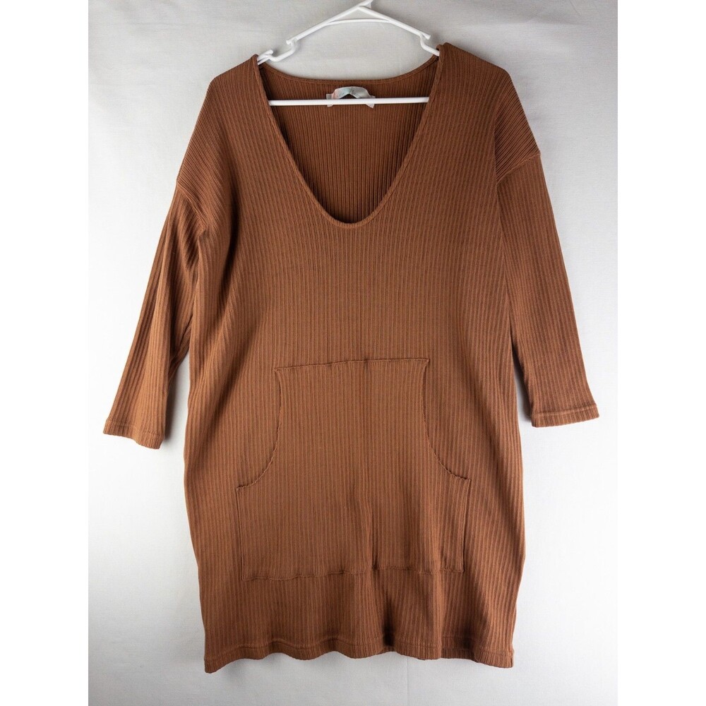 FP‎ Beach Sweater Dress Womens SP Brown Knit Cotton Blend Pullover V Neck Knee